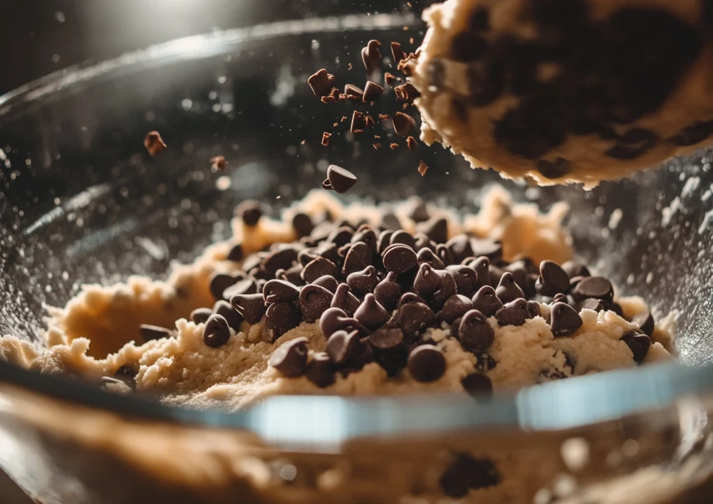 Chocolate chips being added to cookie dough in a glass bowl.