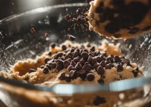 Chocolate chips being added to cookie dough in a glass bowl.