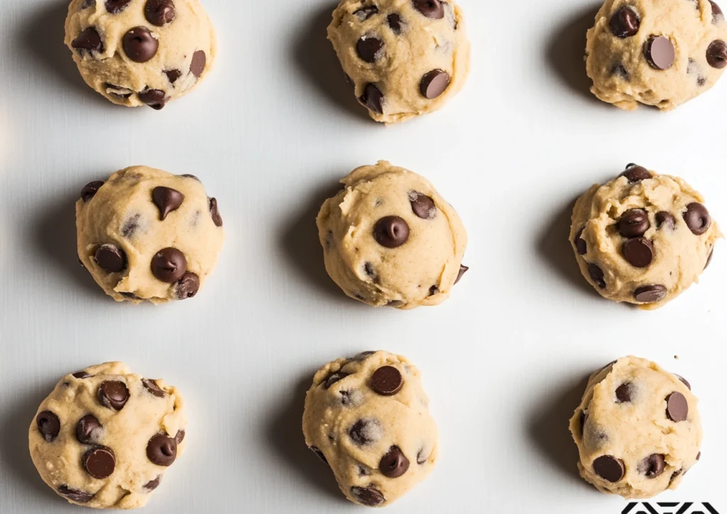 Unbaked chocolate chip cookies on a baking sheet.