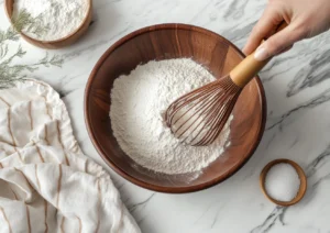 Dry ingredients for cookies being whisked in a glass bowl