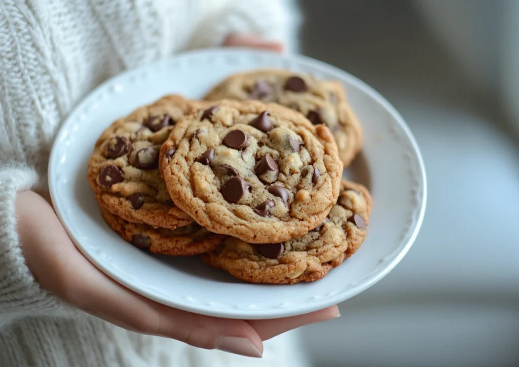 Hand holding a plate piled with chocolate chip cookies