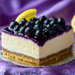 Slice of lemon blueberry cheesecake with blueberry topping and lemon garnish