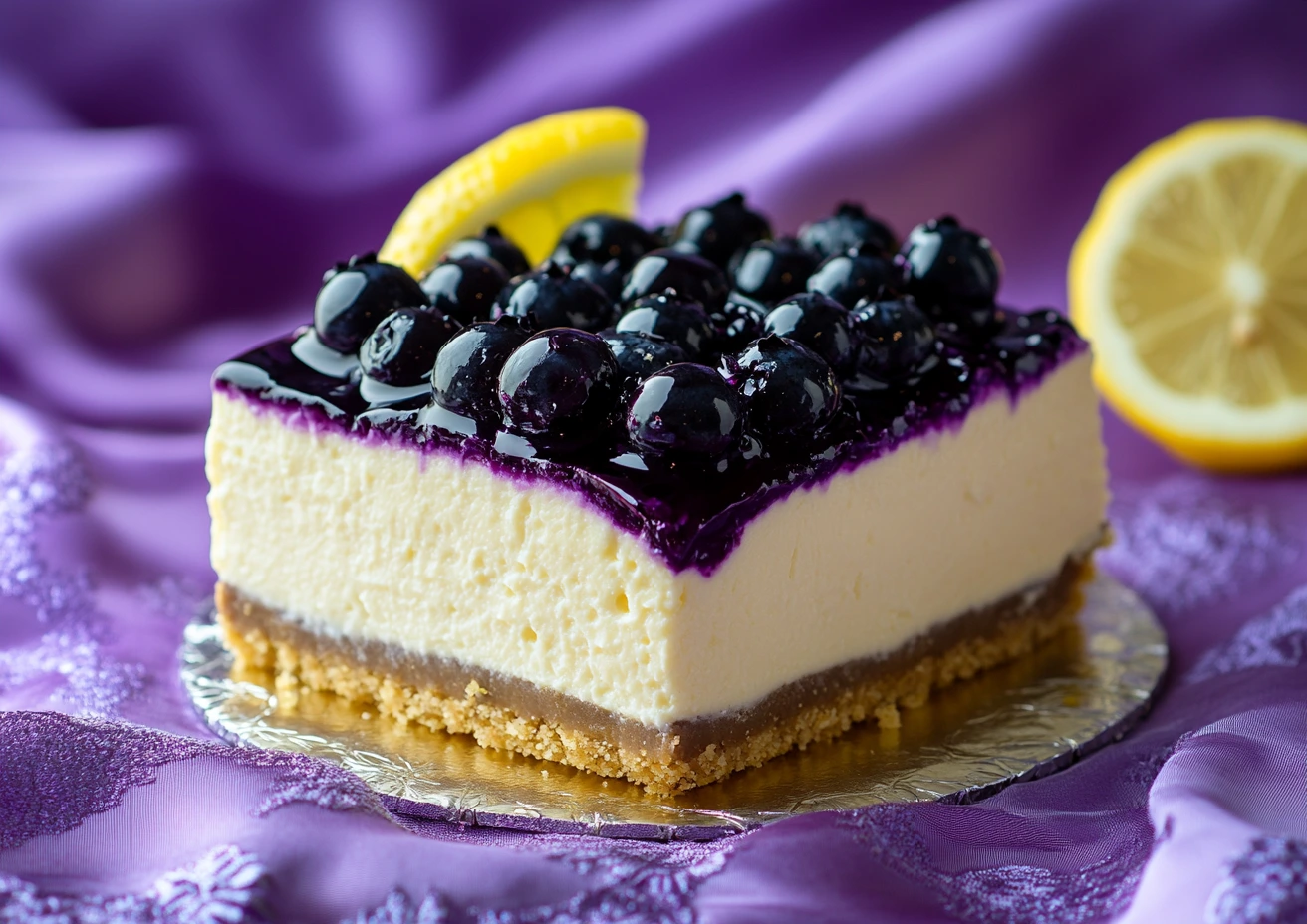 Slice of lemon blueberry cheesecake with blueberry topping and lemon garnish