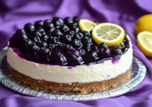 Finished lemon blueberry cheesecake with blueberry topping