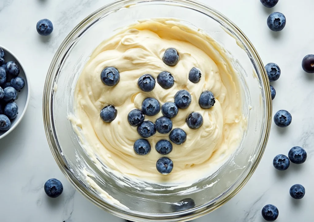 Blueberries being added to cheesecake batter in a glass bowl