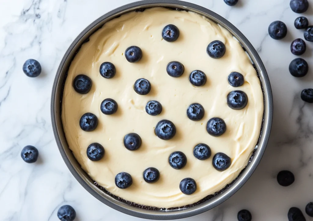 Cheesecake batter with scattered blueberries in springform pan, ready to bake