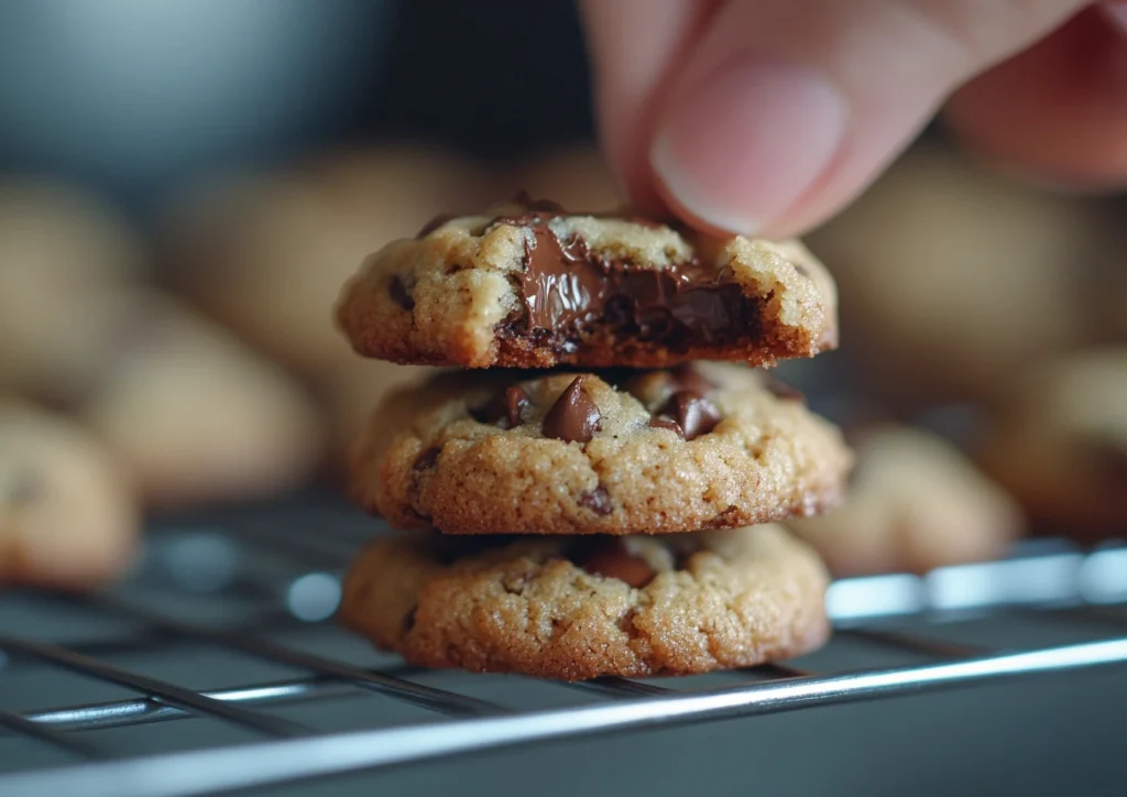Stack of mini chocolate chip cookies.