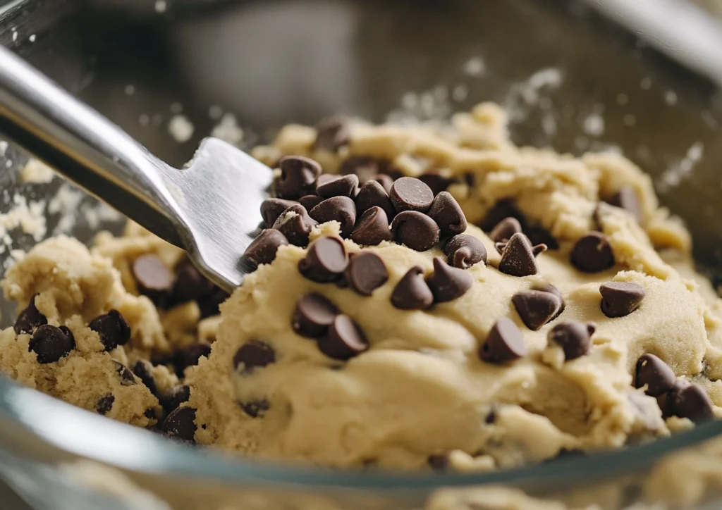 Adding chocolate chips to mini cookie dough.