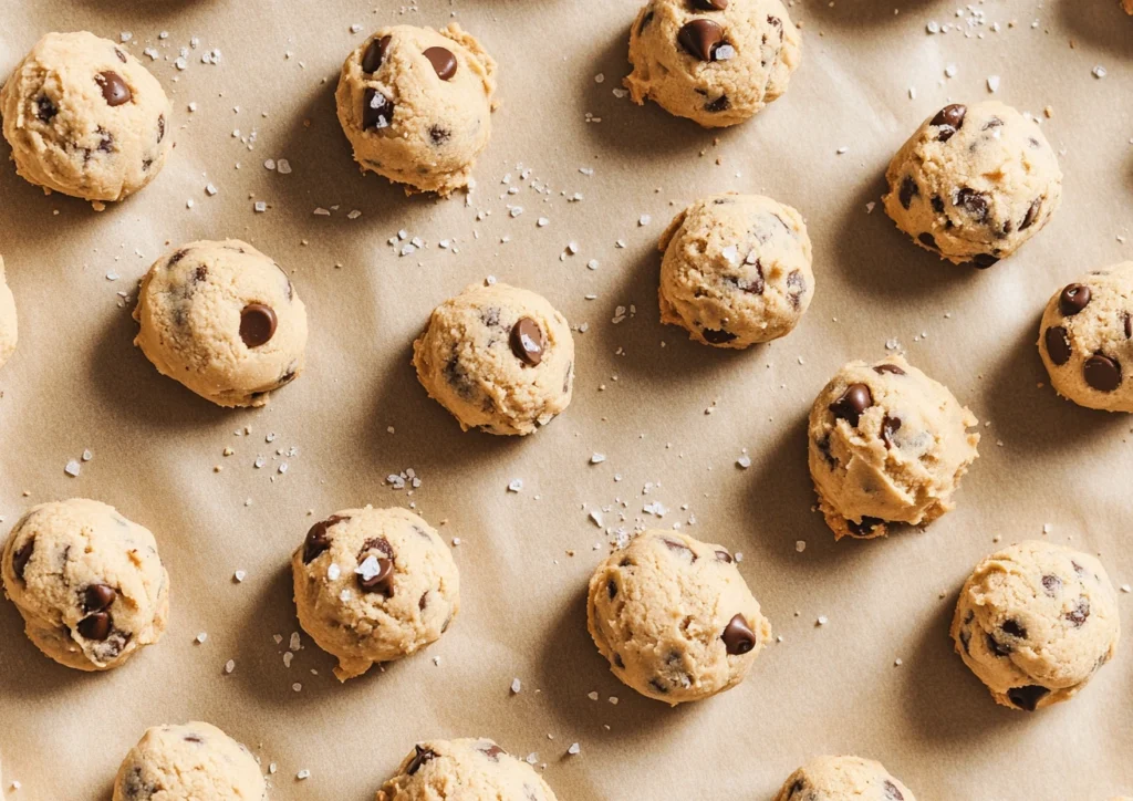 Mini Chocolate Chip Cookie dough balls on a sheet.