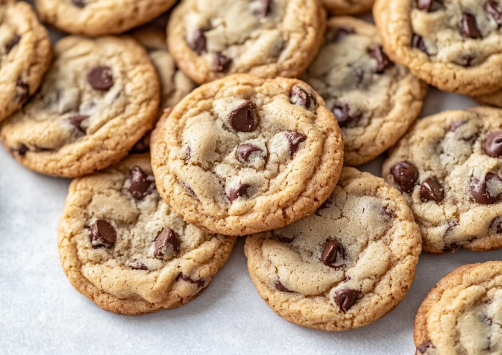 Freshly baked mini chocolate chip cookies.