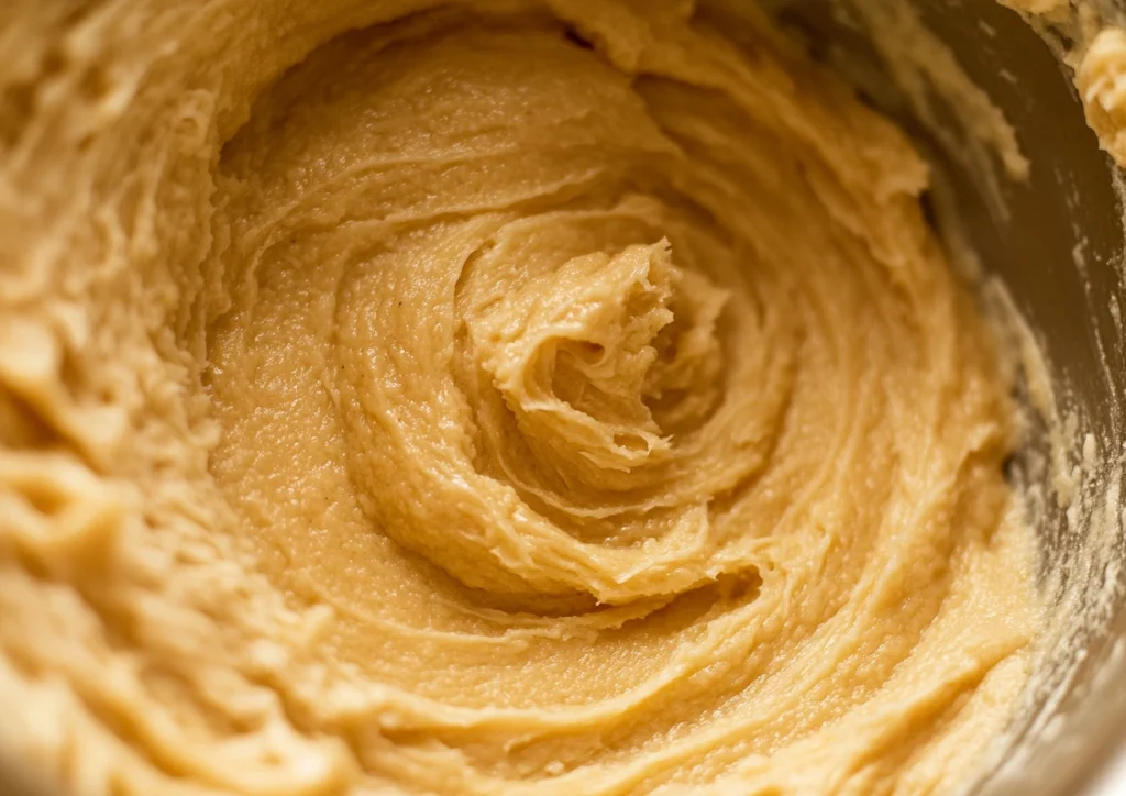 Smooth, swirled batter in a mixing bowl.