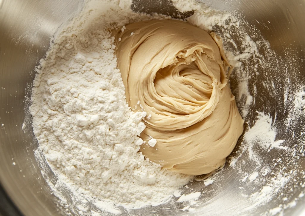 Dough with flour in a mixing bowl.