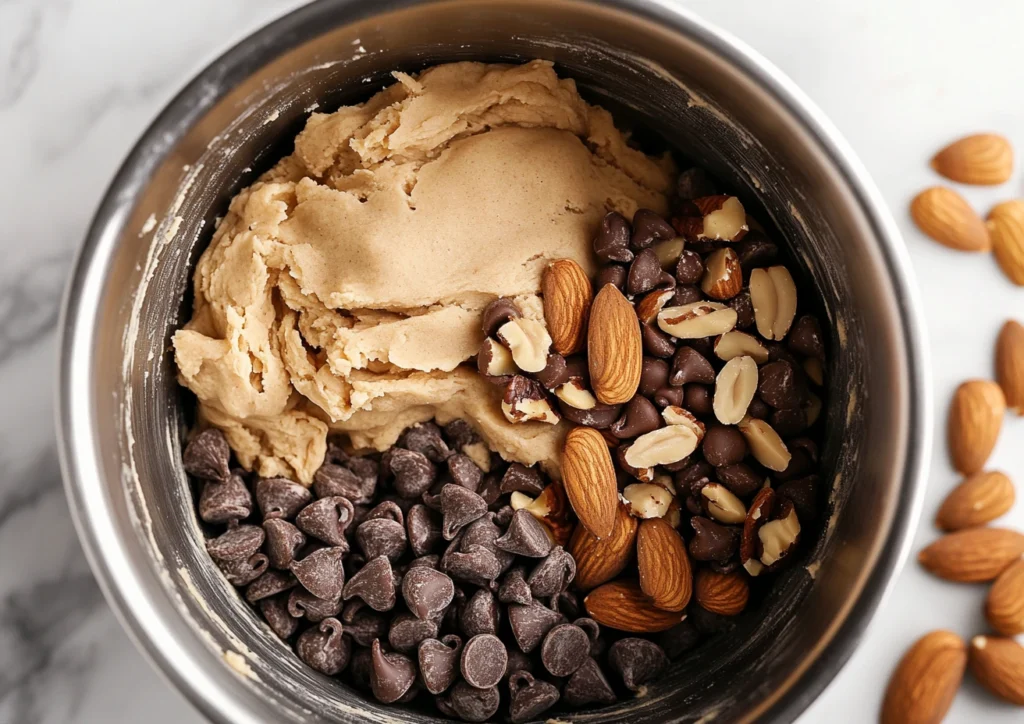 Nutty Chocolate Chip Cookies dough with added chocolate chips and nuts.