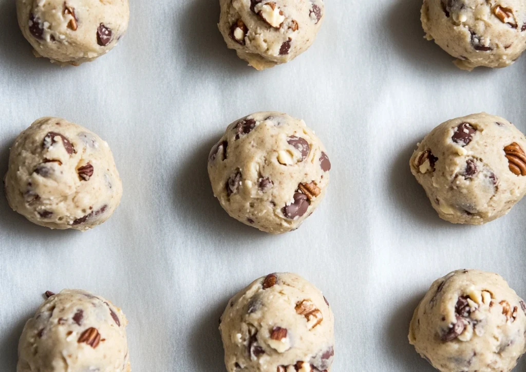 Nutty Chocolate Chip Cookie dough balls on a sheet.