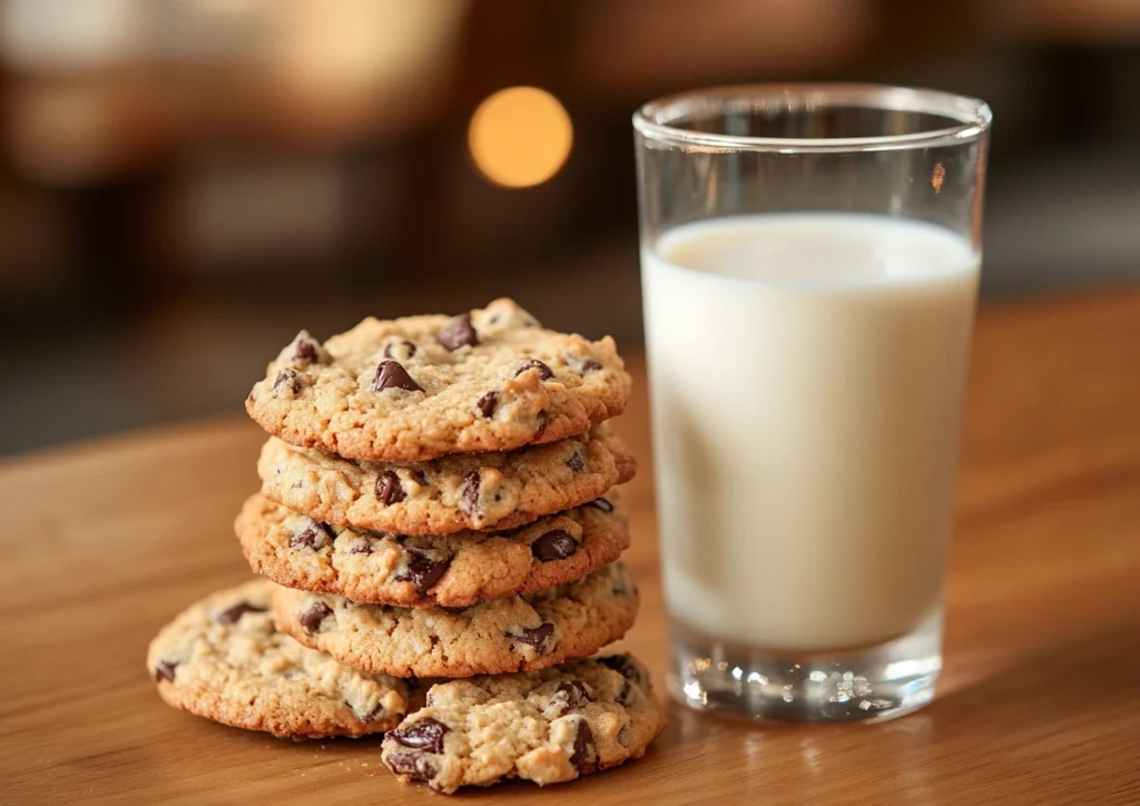 Stack of oatmeal raisin chocolate chip cookies next to a glass of milk