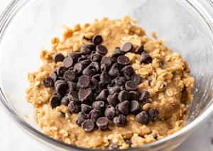 Oatmeal raisin chocolate chip cookie dough in a glass bowl