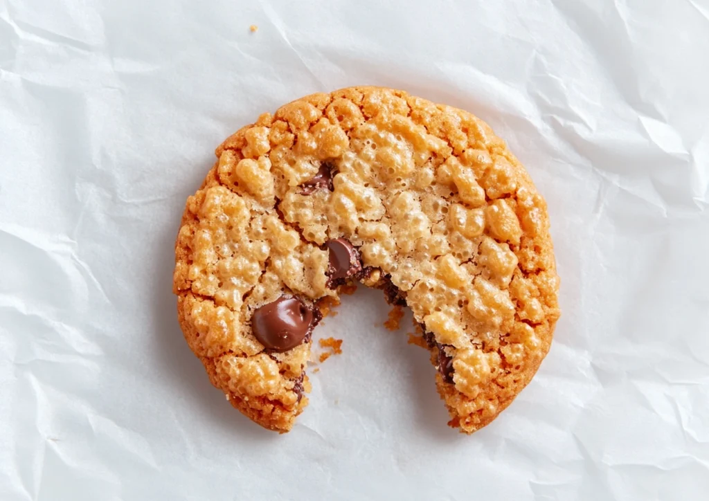 A Rice Krispie chocolate chip cookie with a bite taken out.