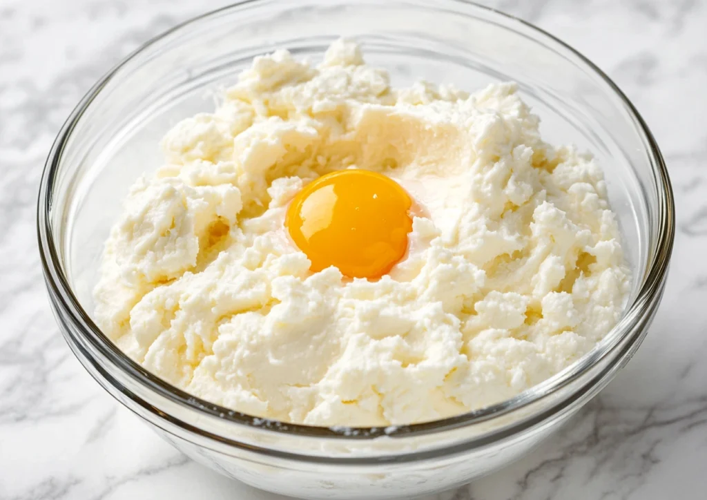 Egg on top of creamed butter in glass bowl.