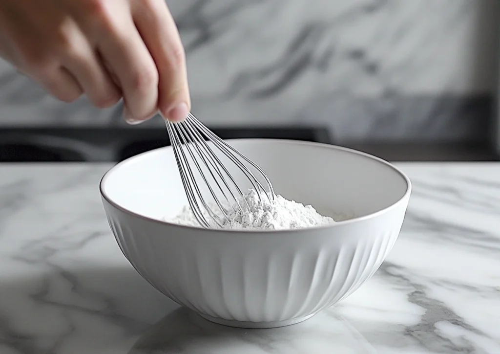 Whisk mixing dry ingredients in a bowl.