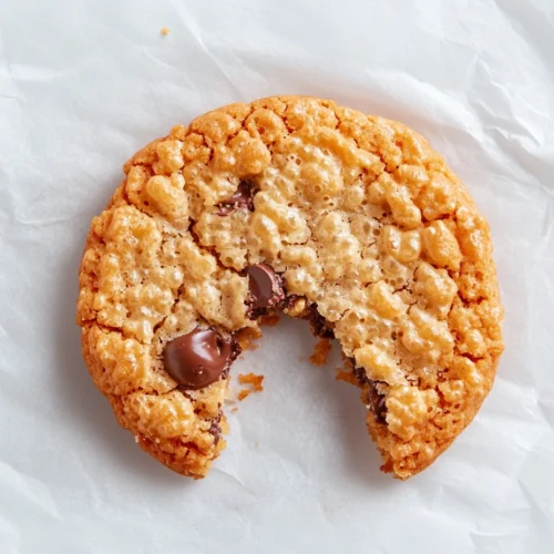 A Rice Krispie chocolate chip cookie with a bite taken out.