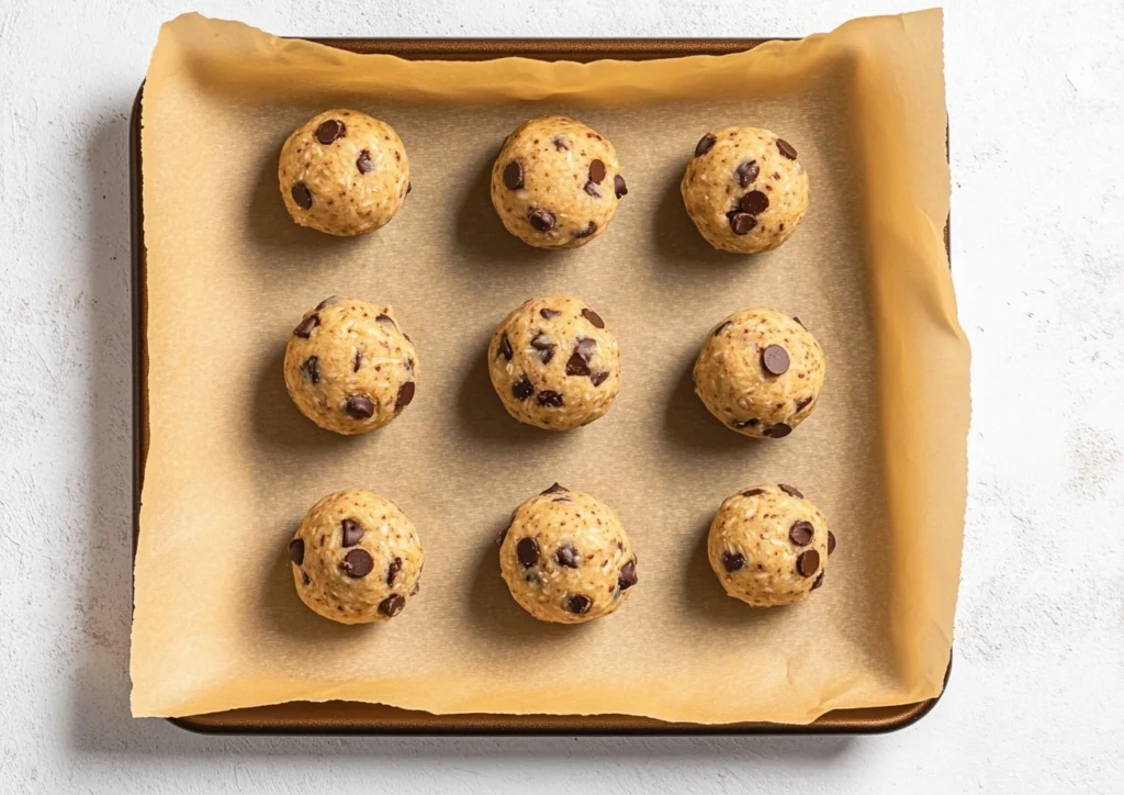 Cookie dough balls on parchment-lined baking sheet.
