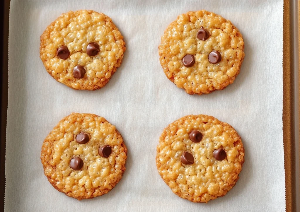 Four Rice Krispie chocolate chip cookies on baking sheet.