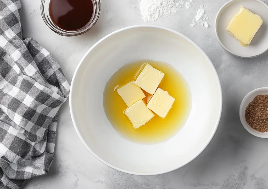 Melted butter and sugar in a bowl.