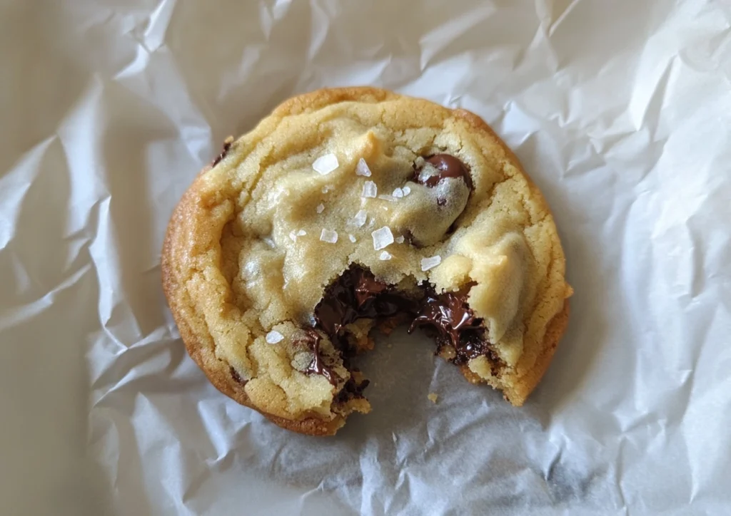 Single serve chocolate chip cookie with bite.