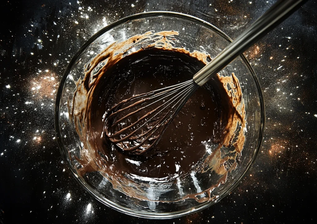 Chocolate batter being mixed in a glass bowl with a whisk.