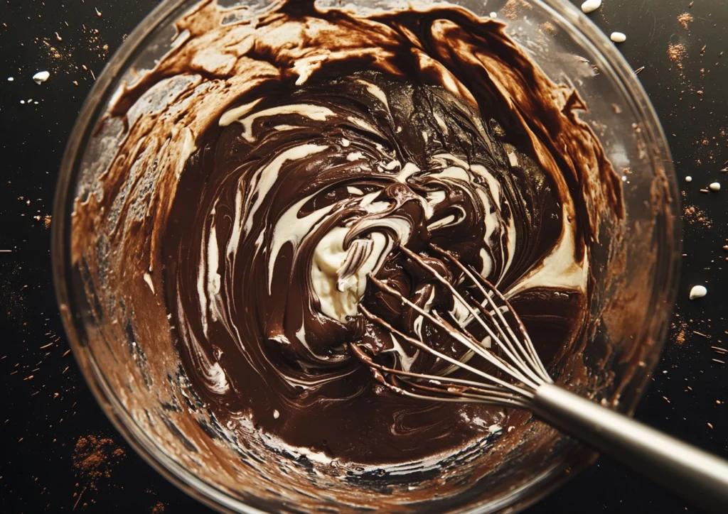 Chocolate and marshmallow batter being mixed in a glass bowl with a whisk.