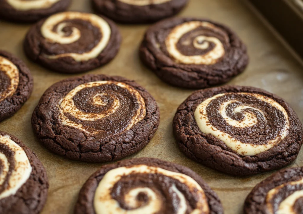 Close-up of a delicious chocolate marshmallow swirl cookies on parchment paper