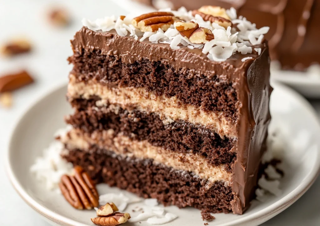 Close-up of a slice of German chocolate cake with coconut-pecan filling and chocolate frosting