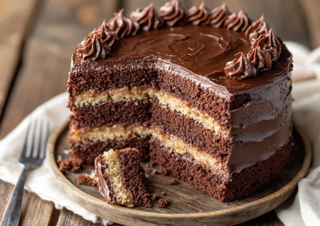 A whole German chocolate cake with a slice served on the side, on a wooden surface