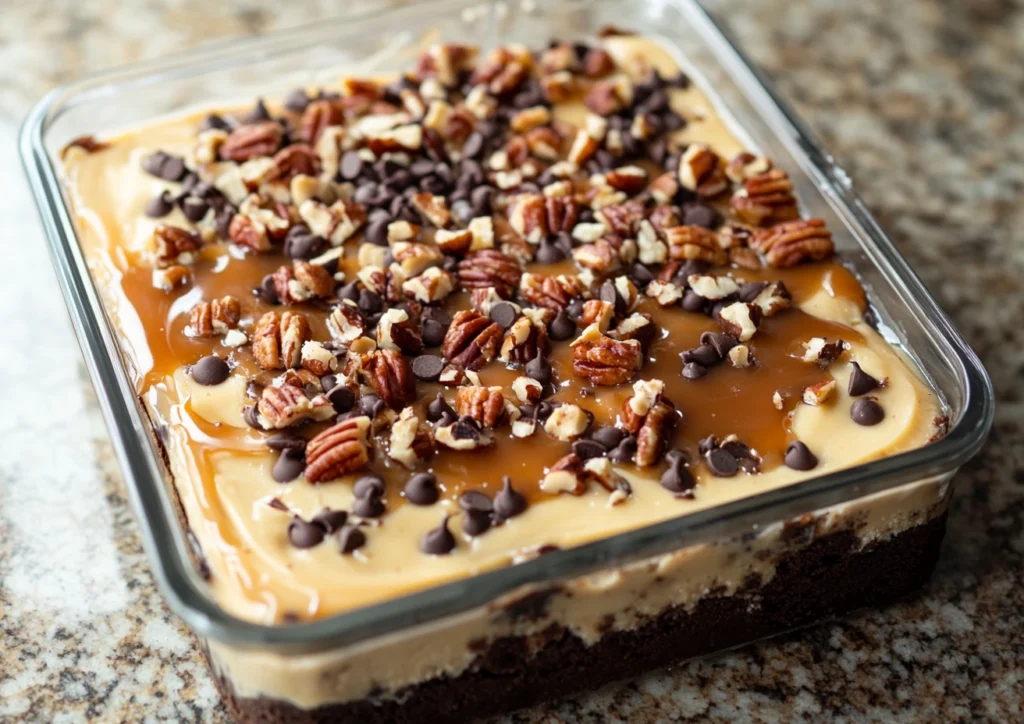 Decadent, layered chocolate poke cake with caramel sauce, chocolate chips, and nuts