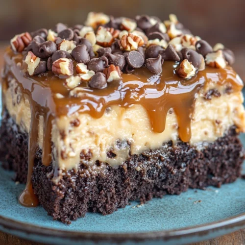 A slice of decadent, layered chocolate poke cake with caramel sauce, chocolate chips, and nuts