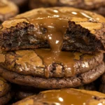 A tempting stack of fudgy brownie cookies, one with a bite taken out, melting chocolate