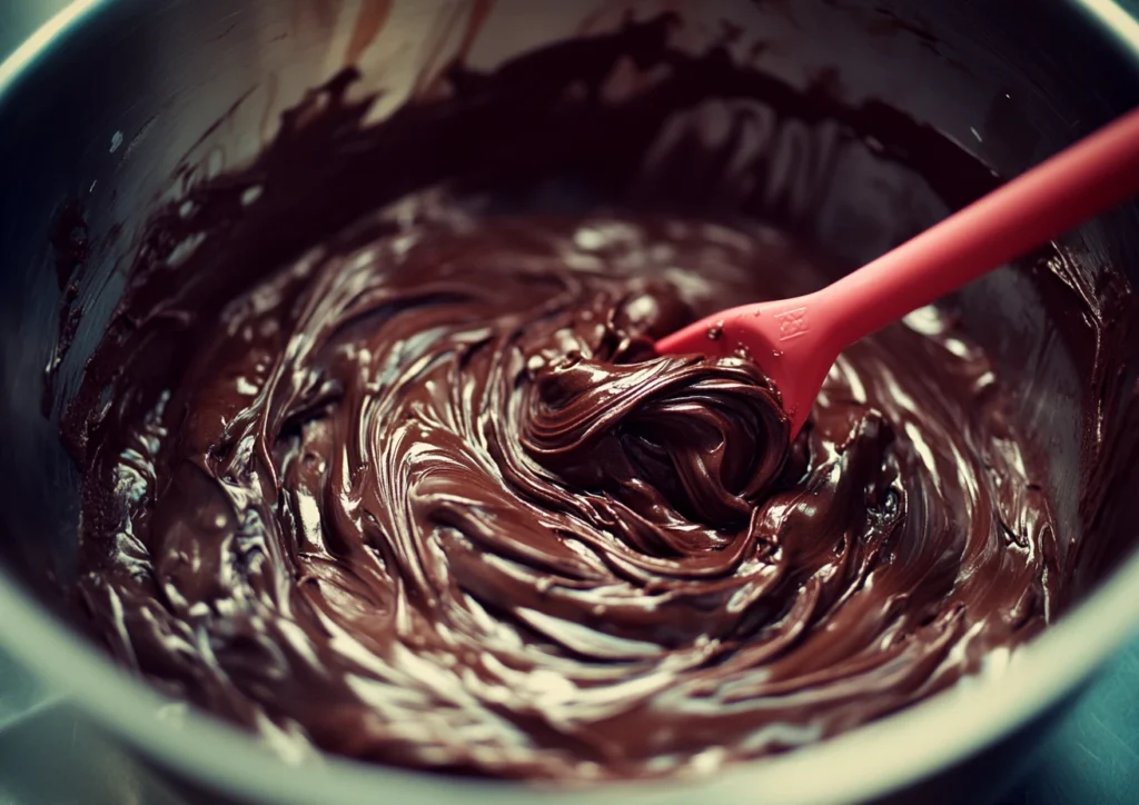 Glossy, dark chocolate brownie batter in a stainless steel bowl, swirled texture created by a red spatula