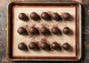 Brownie cookie dough balls, ready to bake, arranged on a silicone baking mat