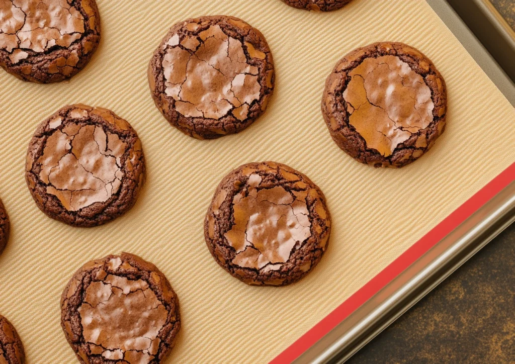 Freshly baked, cracked brownie cookies lined up on a silicone baking mat after baking