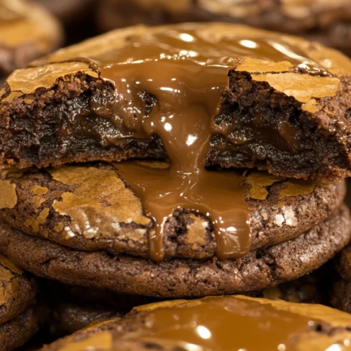 A tempting stack of fudgy brownie cookies, one with a bite taken out, melting chocolate