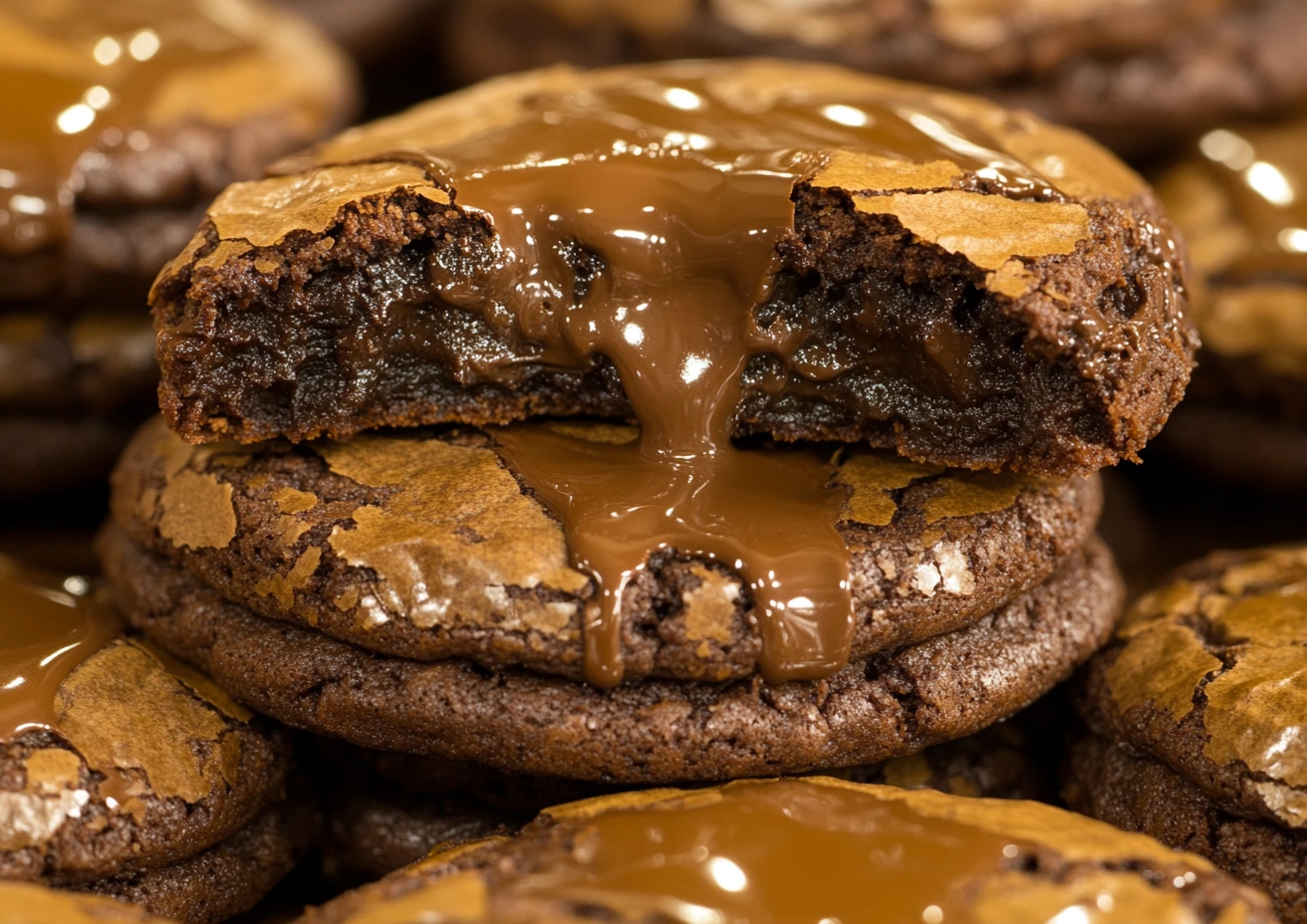 A tempting stack of fudgy brownie cookies, one with a bite taken out, melting chocolate