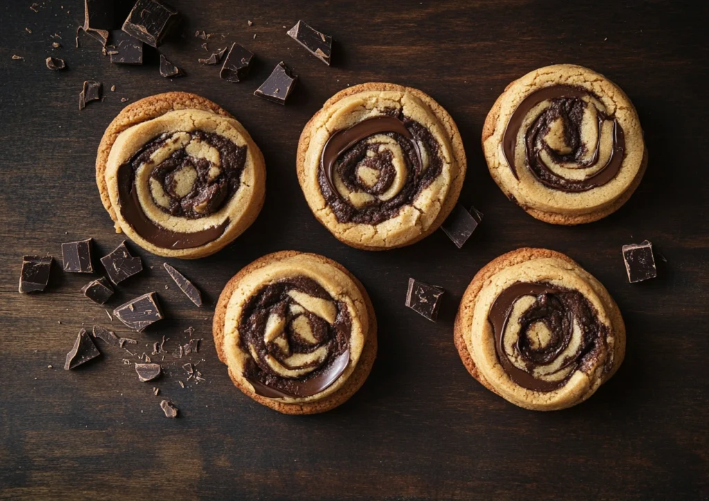 Overhead view of peanut butter swirl cookies with scattered chocolate chunks