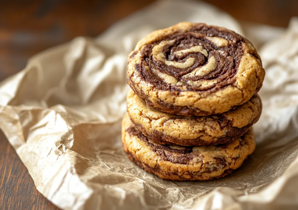 A stack of three peanut butter swirl cookies resting on parchment paper