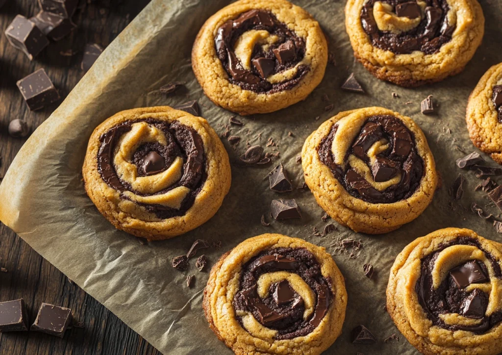 Peanut butter brownie swirl cookies on a baking sheet with parchment paper