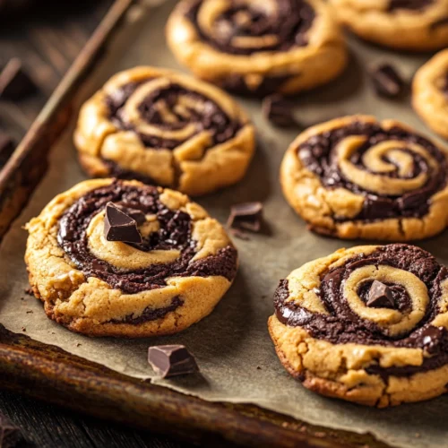 Peanut butter brownie swirl cookies on a baking sheet with parchment paper