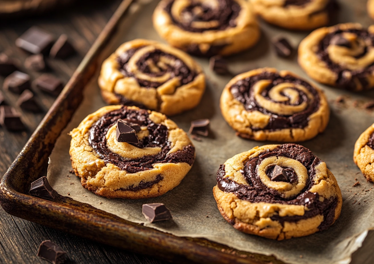 Peanut butter brownie swirl cookies on a baking sheet with parchment paper