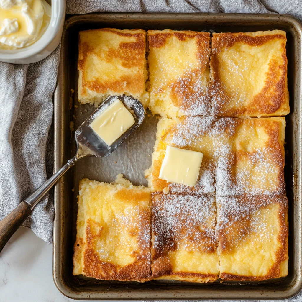 Overhead shot of baked German pancake in a sheet pan