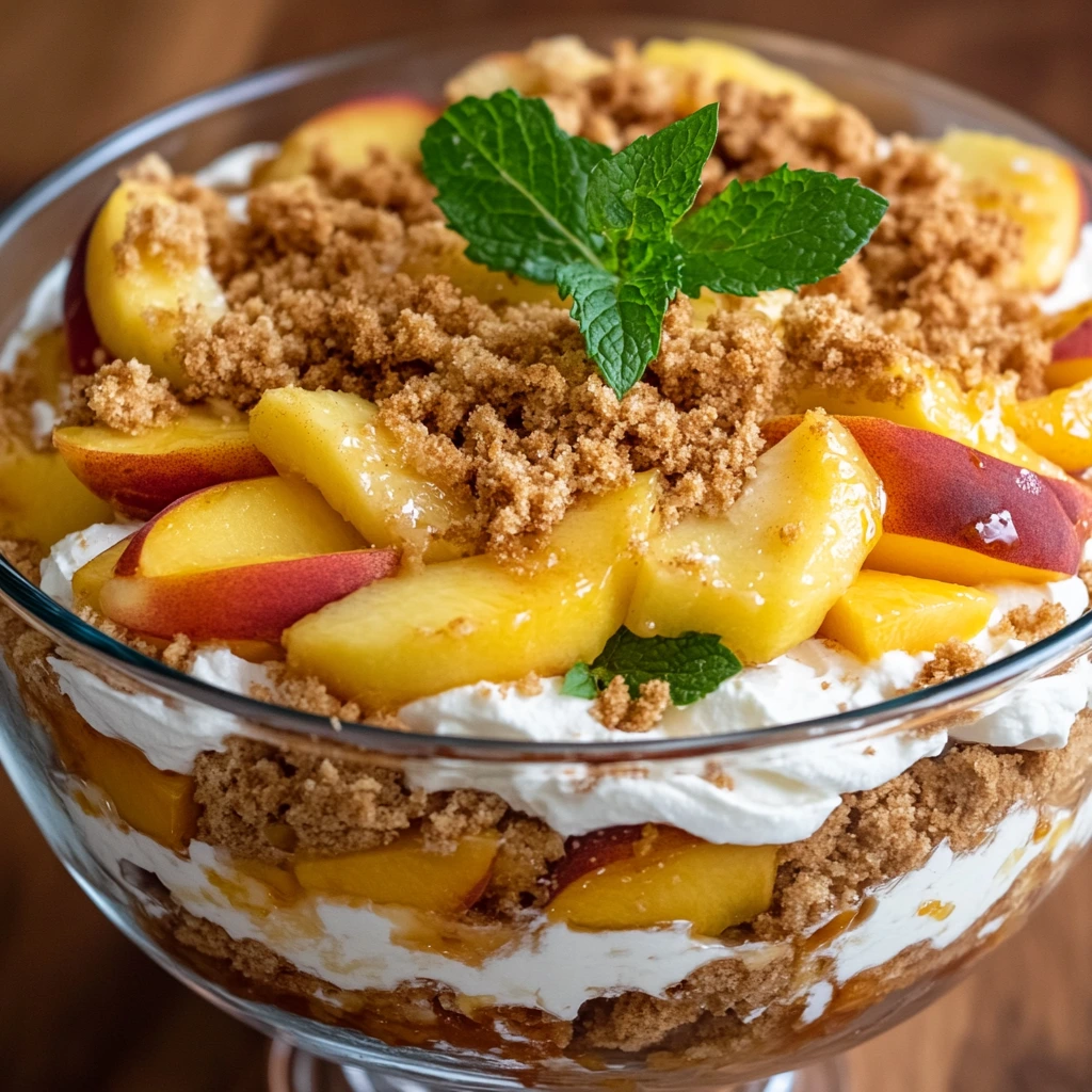 Close-up of Peach Cobbler Cheesecake Fruit Salad in a trifle bowl