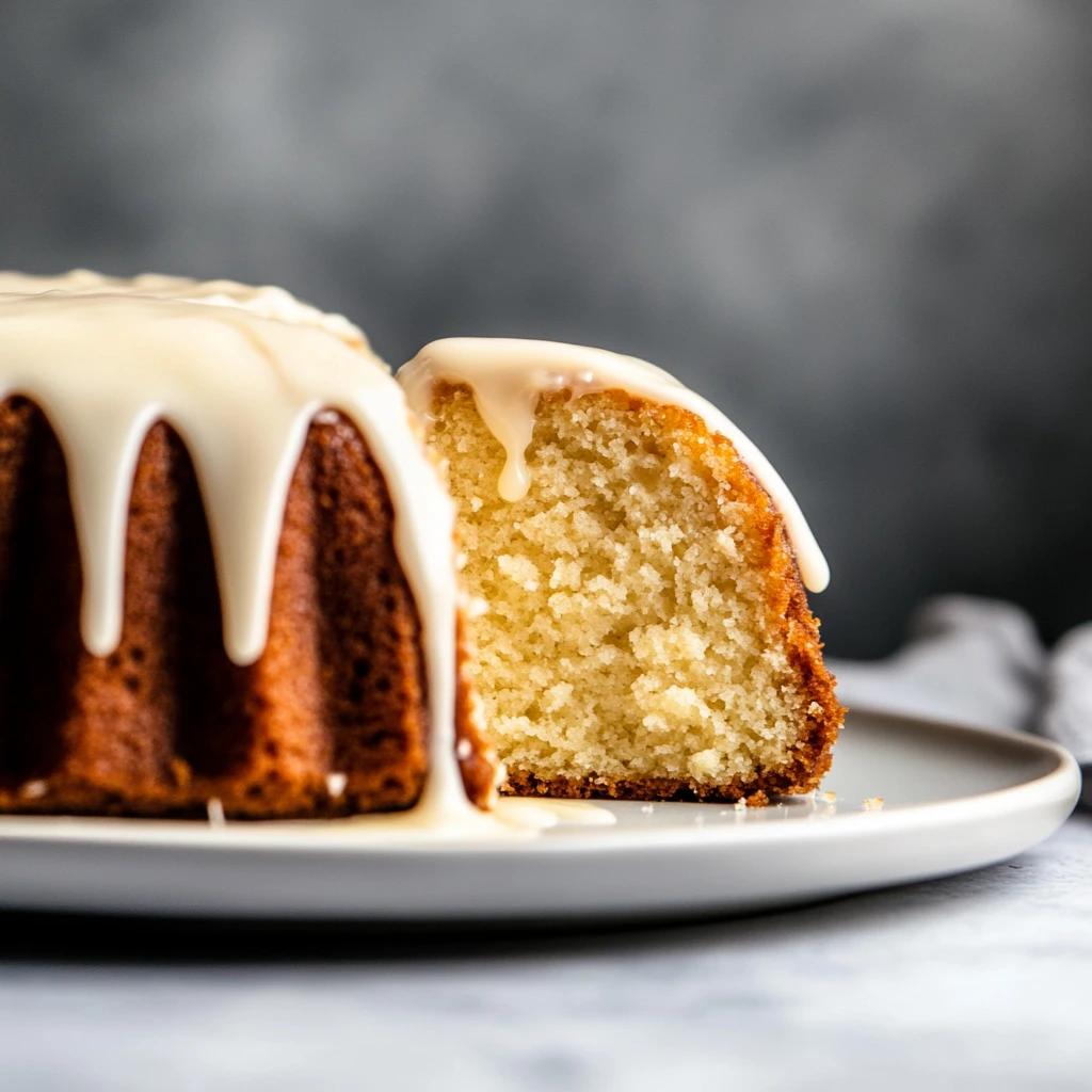 Vanilla Buttermilk Pound Cake with Cream Cheese Glaze, slice removed