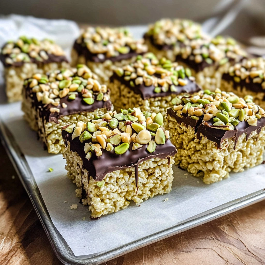 Pistachio Rice Krispie Treats with Dark Chocolate